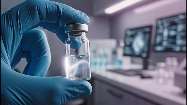 Hand in blue glove holding vaccine vial in laboratory setting with medical equipment and monitors in the background