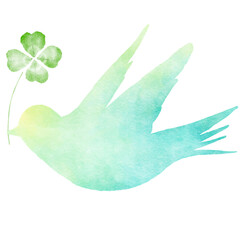 幸せの青い鳥 クローバー　水彩タッチのイラスト 希望と幸運の象徴｜鳥,青い鳥,クローバー,水彩