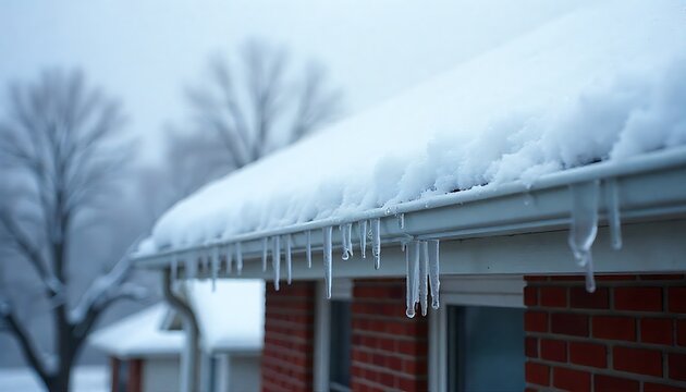  thick blanket of icy snow covers the roof of a suburban red brick house on a cold winter day , created with generative ai