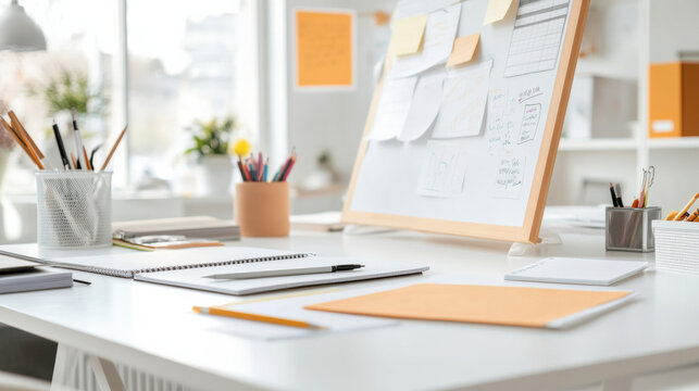 Creative home office with notes, pencils, notebooks, and whiteboard in bright workspace filled with natural light and organized supplies