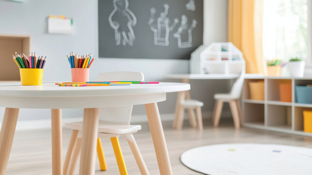 Colorful pencil cups on white round table in bright creative playroom with chalkboard wall and wooden furniture