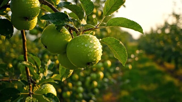 Fresh green apples ripen on a leafy branch in a natural garden, showcasing healthy organic fruit and lush leaves in this closeup of agriculture and nature