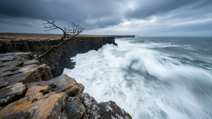 Fototapeta premium Dramatic rocky coastline with huge waves crashing against cliffs under stormy sky and lone twisted tree on edge, evoking wild natural power