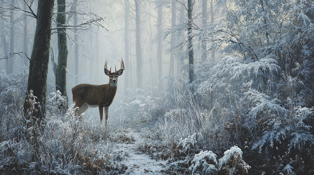 A solitary deer in a snowy forest. The scene evokes a sense of tranquility and the beauty of winter.