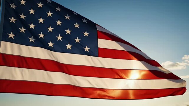 Vibrant American flag waving proudly in the wind against a clear blue sky with golden sunlight streaming through.