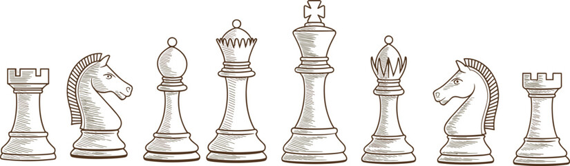 Chess pieces silhouettes, rook knight bishop queen king, board game vector, strategy illustration, black and white art, cad drawing flat vector illustration © MstSabina