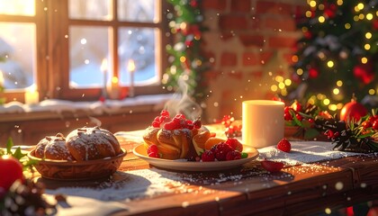 Fototapeta premium Festive scene featuring food, ornaments, and a snowy winter view