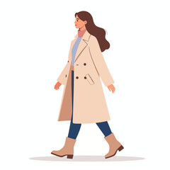 Fototapeta premium A young woman walking alone in a stylish beige coat and boots, illustration, profile view