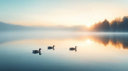 Fototapeta premium Morning mist hovering over lake surface with three ducks swimming peacefully near forest at sunrise, creating calm and serene atmosphere