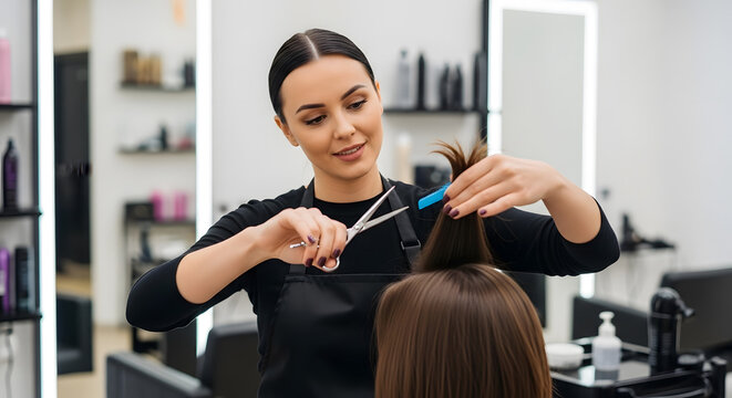 A professional hairstylist focused on trimming a clients hair with precision using silver scissors and a blue comb in a bright modern studio