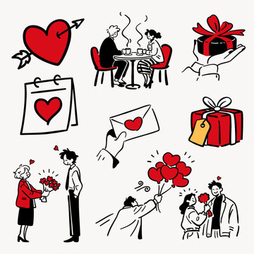 Valentine&rsquo;s Day hand drawn doodle illustration set with couples, gifts, hearts, flowers and love icons