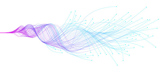 Data visualization with light lines wavy flowing dynamic in blue purple colors isolated on white background. AI technology, digital, communication, 5G, science, music concept © Accountanz
