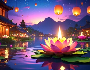 Dreamlike scene of a lotus flower candle and lanterns over a serene lake