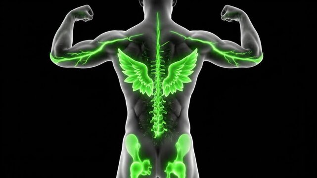 Detailed anatomical illustration of a human back with glowing green skeletal and nervous system, featuring stylized wings on the spine.