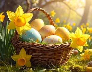 Easter basket filled with decorated eggs and daffodils outdoors