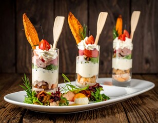 Elegant appetizers with layered ingredients, wooden backdrop
