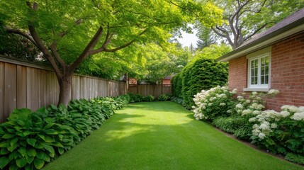 Lush Green Yard Surrounded by Vibrant Flowering Plants and Healthy Trees in a Bright Summer Afternoon Garden Scene