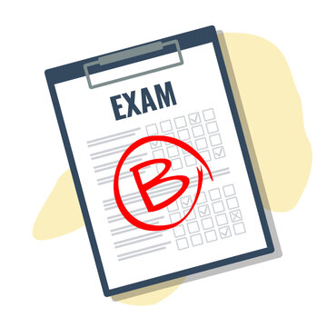 exam sheet with b grade, questions list in clipboard, education good result, flat style illustration