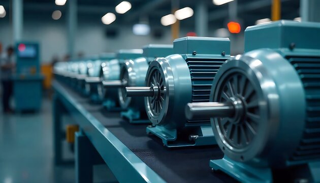 High-tech electric motors assembled on industrial production line, created with generative ai