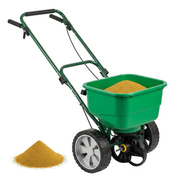 Green lawn fertilizer spreader with yellow granules on black background