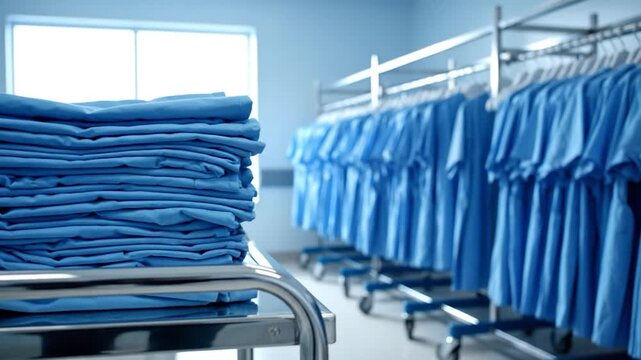 Stack of clean blue medical uniforms in healthcare laundry facility with hanging clothes