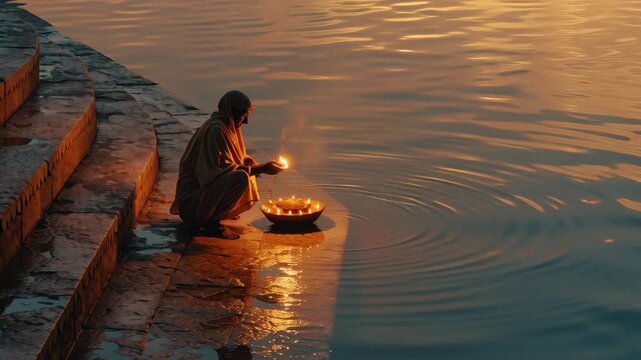 Devotee Performing Vaishakh Purnima Rituals by the River During Sunset with Lamps and Traditional Attire