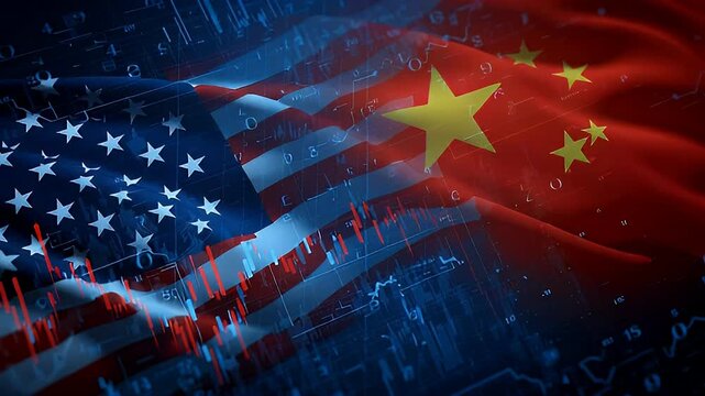 United States and China flags blended with abstract financial data visualization
