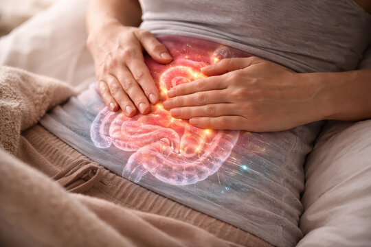 Abdominal pain stomach ache digestive system gut health intestinal inflammation irritable bowel stomach cramp chronic pain female patient healthcare concept Abdominal pain stomach ache digestive