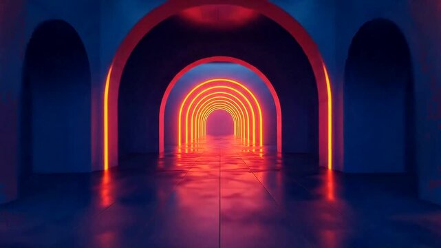 Futuristic corridor with glowing arches and reflections
