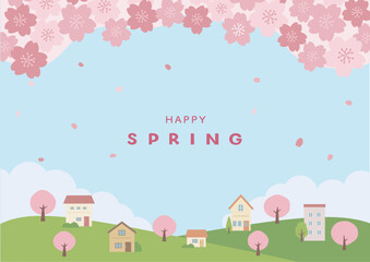 Fototapeta premium 春の背景イラスト 桜の背景 春素材 桜と家 バナー 