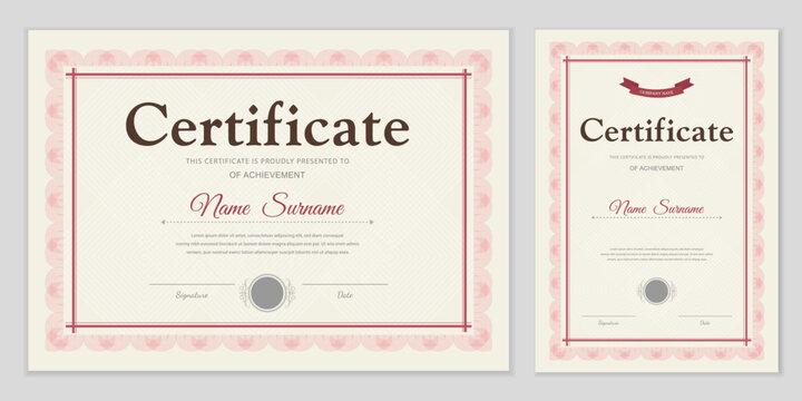 A set of certificate and diploma templates in pink and red colors. Horizontal and vertical layouts with a classic frame and ribbon. An editable vector for awards, business, and education.
