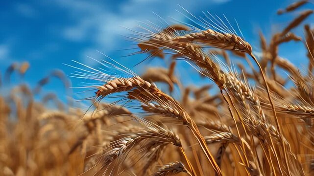 Golden wheat field under blue sky.