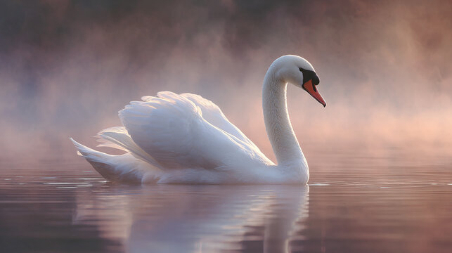 A solitary swan gracefully gliding on the serene water of the lake, embraced by mist and soft light. Its white plumage contrasts against the muted tones of the water and sky