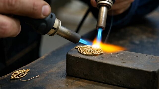 Jeweler Soldering Gold Leaf Earring with Blowtorch in Workshop