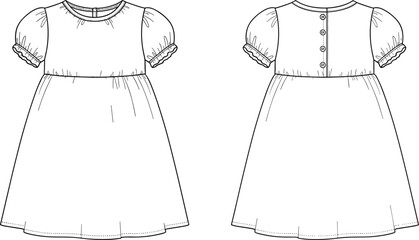Cute puff-sleeve baby dress technical flat sketch with gathered waist, button back closure, front and back view detailed fashion illustration