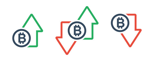 biycoin coin with green up an red down arrows, national currency cost trend, rise or fall exchange rate, positive or negative trend forecast