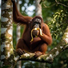 Naklejka premium Wild Orangutan Holding Banana in Natural Habitat