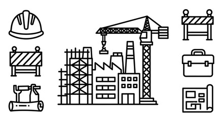 Fototapeta premium Industrial Construction Line Icons: Factory, Tower Crane, Hard Hat, Blueprint, and Scaffolding Development Outline Vector Set.