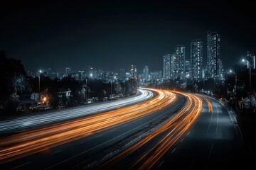 Obraz premium City skyline view at night with glowing very bright data streams representing fast internet or logistic leading to downtown, Power of digital transformation in technology and communication. 
