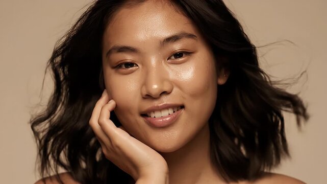 Close-up of an Asian Woman with Sparkling Skin and Dark Wavy Hair Smiling In Studio with Neutral Background Beauty