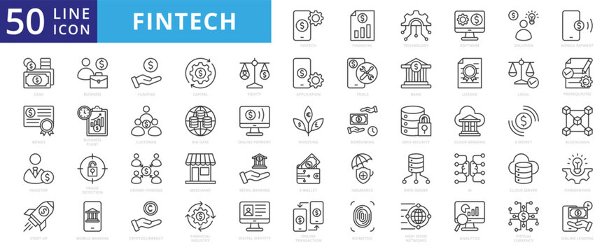 fintech icon outline pack contains financial, technology, high speed network, fraud detection, online payment, mobile banking, digital identity, prerequisites, cryptocurrency, blockchain, ai
