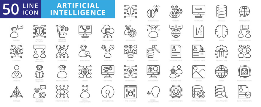 artificial technology or ai icon outline pack contains information technology, natural language, learning scenario, syntactic, linguistic, turing test, machine learning, open source, data center
