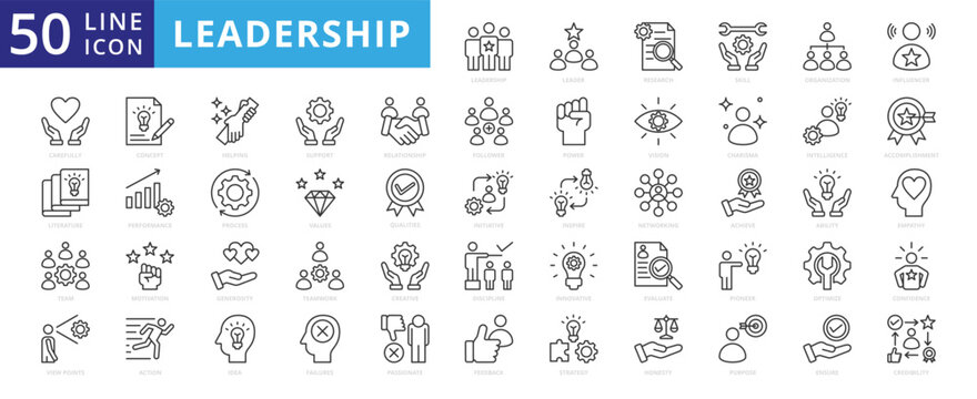 leadership icon outline pack contains passionate, literature, pioneer, organization, delegation, accomplishment, honesty, follower, empathy, confidence, concept, generosity, initiative