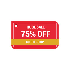 Horizontal red huge sale tag with 75% discount and go to shop button