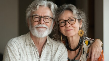 A loving senior couple with glasses looking at the camera with a warm smile, embodying enduring companionship and joyful retirement