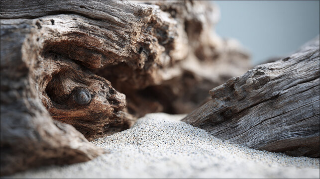 A piece of driftwood resting on a sandy surface