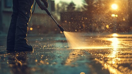 Dynamic shot of a powerful pressure washer cleaning an outdoor surface, highlighting the efficiency of high-pressure water streams for thorough dirt removal and maintenance