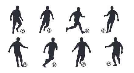 Dynamic soccer player silhouettes in various action poses showcasing dribbling kicking and running with a ball presented on a clean white background