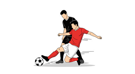 Dynamic illustration of two soccer players in action one in a red shirt and white shorts kicking a ball the other in a black shirt defending depicted