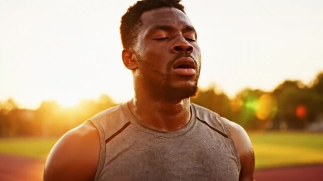 Focused Athlete Resting After Intense Outdoor Workout At Sunset Showing Strength And Determination